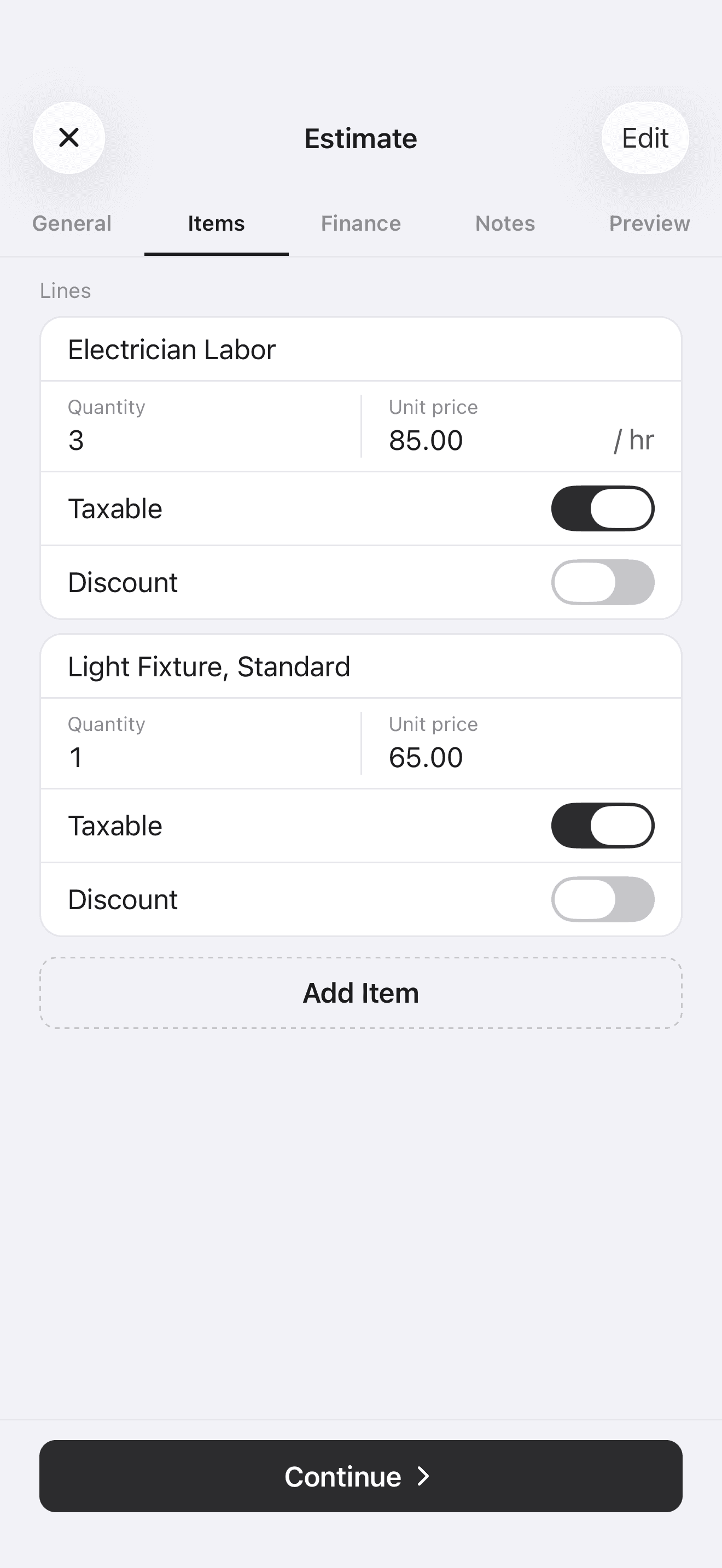 Estimate editor on iPhone