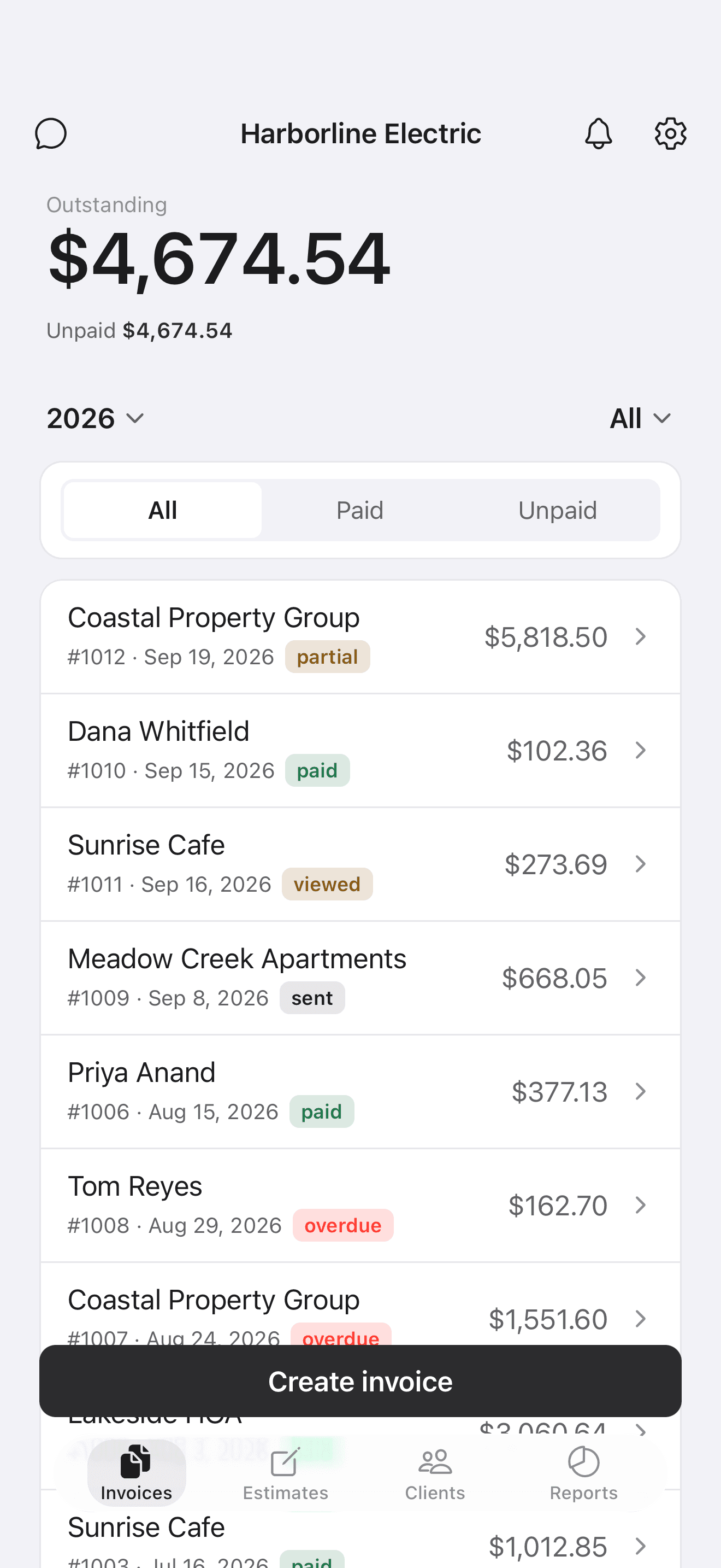 Billow invoice list on iPhone