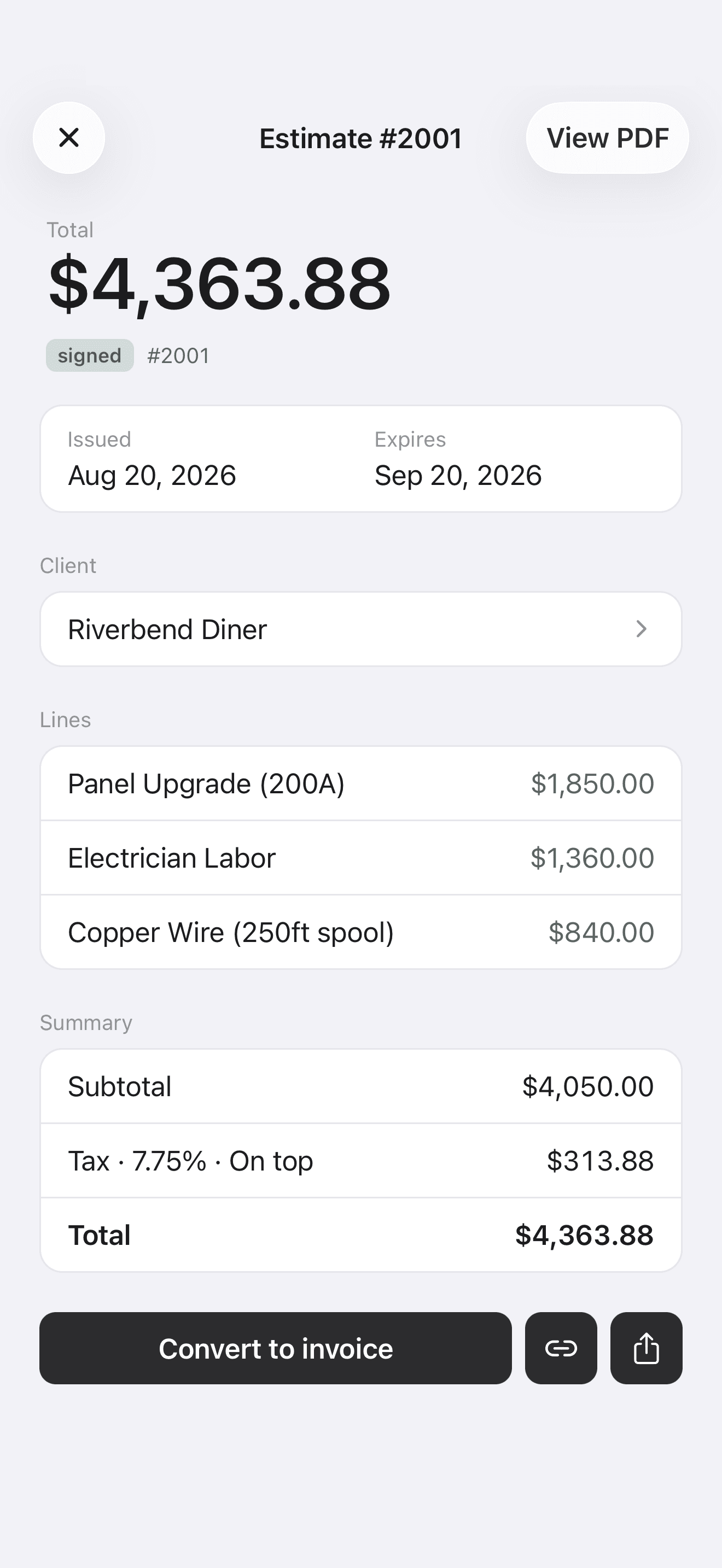 Signed estimate on iPhone